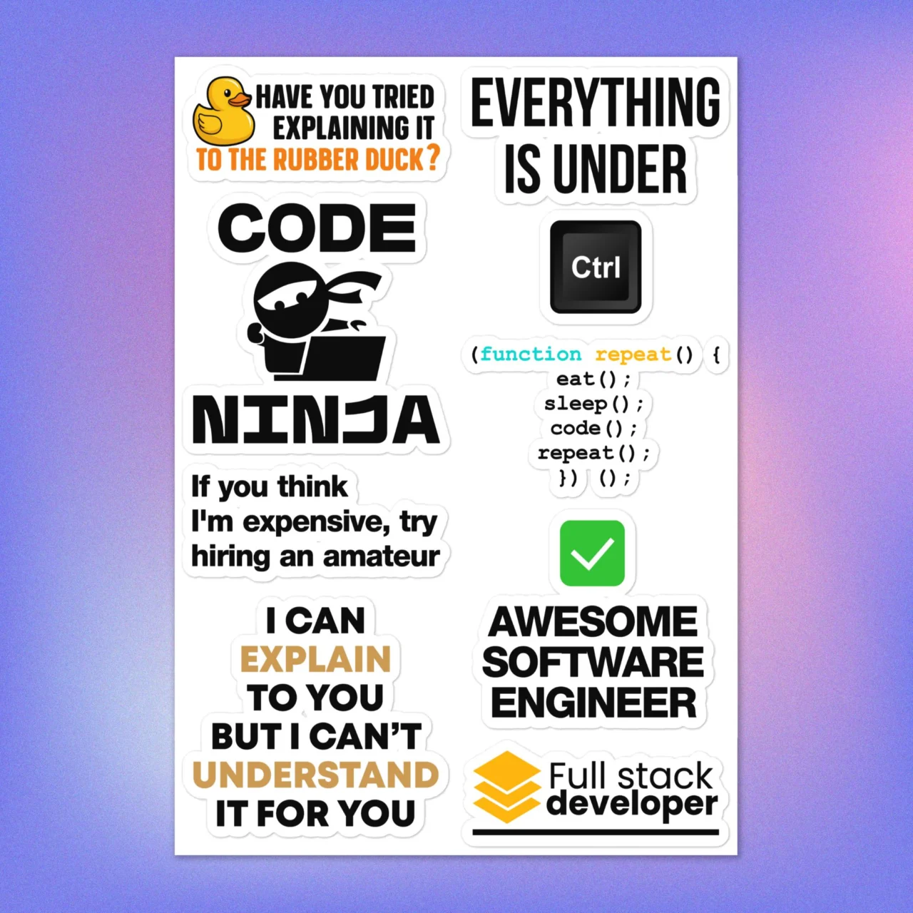 Funny full stack developer sticker pack with Code Ninja, Rubber Duck Debugging, Everything Is Under Ctrl, Awesome Software Engineer and Full Stack Developer laptop decals