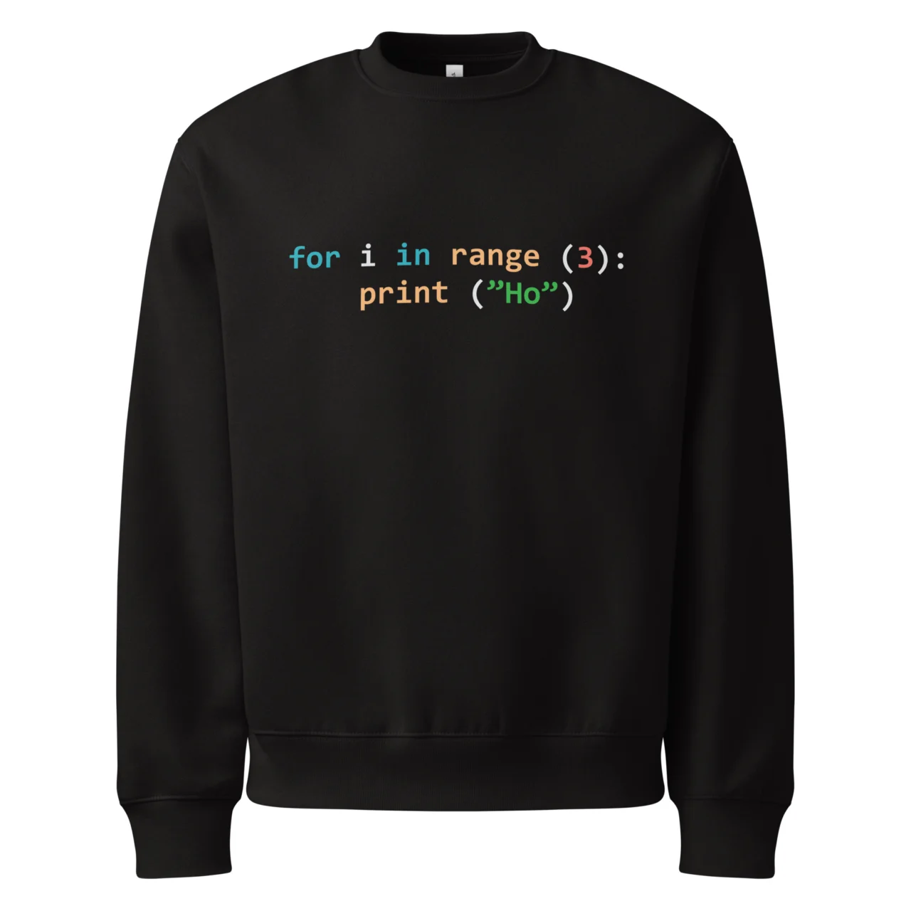 Black Funny Programmer Christmas Jumper featuring a colorful snippet of Python code: for i in range(3): print("Ho"). This is a Funny Python Programmer Sweatshirt.