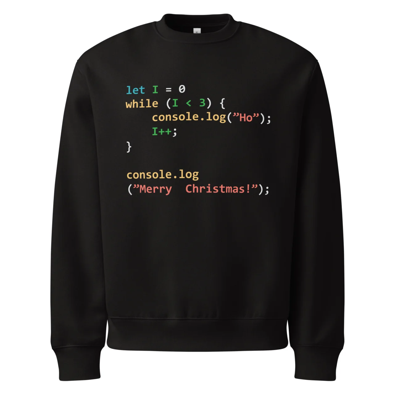 Black Funny Programmer Jumper featuring a colorful code block showing a while loop printing "Ho" three times and "Merry Christmas!". This is a Funny Programmer Code Loop Sweatshirt.