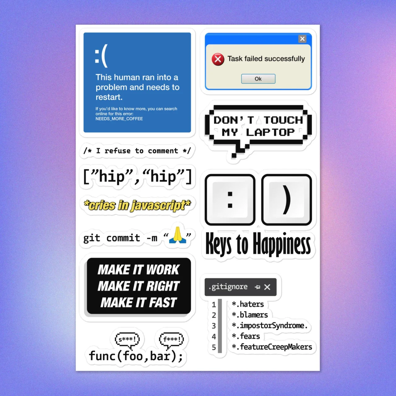 Funny Programmer sticker pack with Task Failed Successfully, Cries In Javascript, gitignore haters, Keys to Happiness and Make It Work Make It Right laptop decals