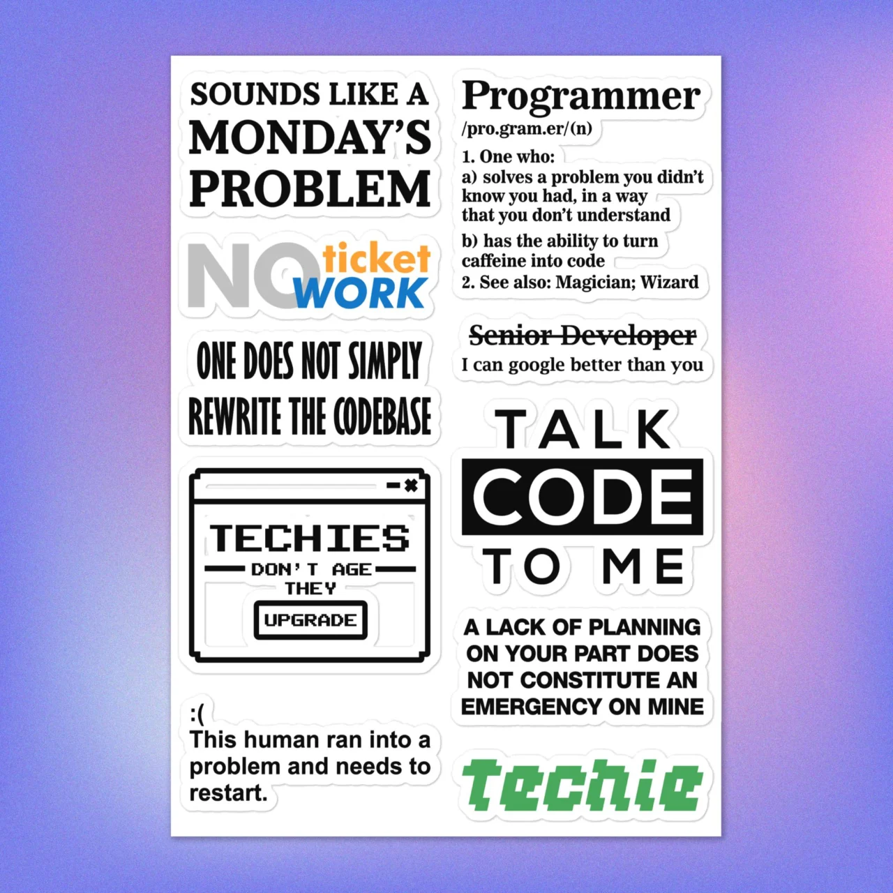 Funny senior developer sticker pack with Talk Code To Me, Techies Don't Age They Upgrade, One Does Not Simply Rewrite The Codebase and Monday's Problem laptop decals