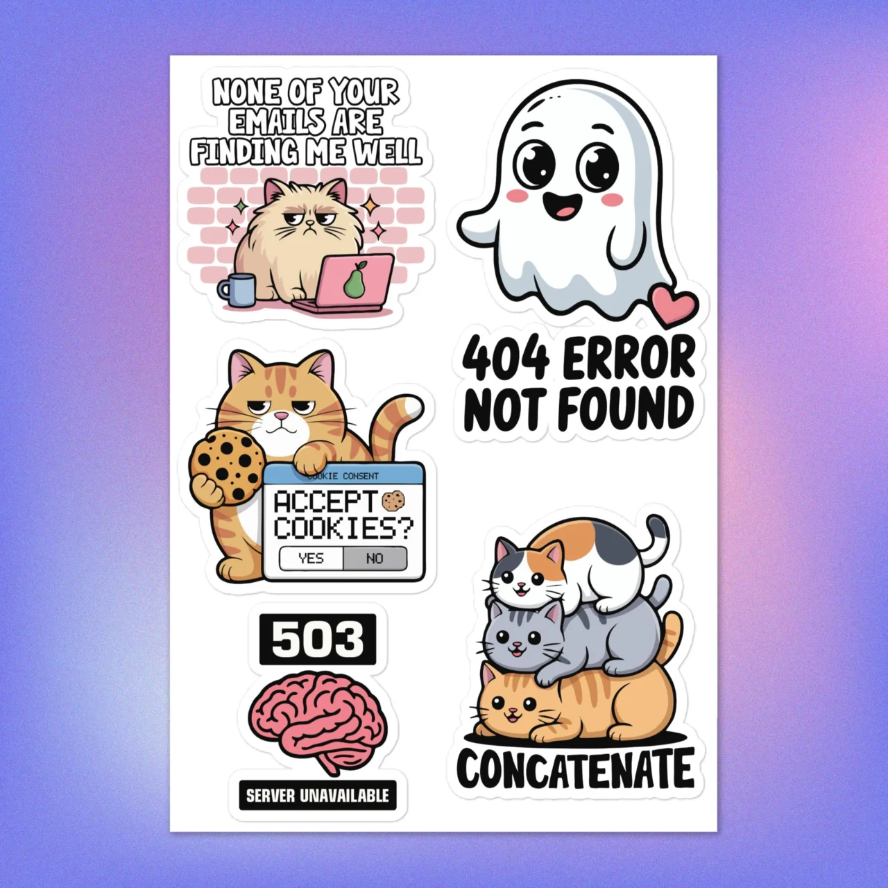 Full sheet of 5 Funny Software Engineer Stickers Pack including the "404 ERROR NOT FOUND" ghost, "CONCATENATE" cat stack, "503 SERVER UNAVAILABLE" graphic, and the "ACCEPT COOKIES?" cat.