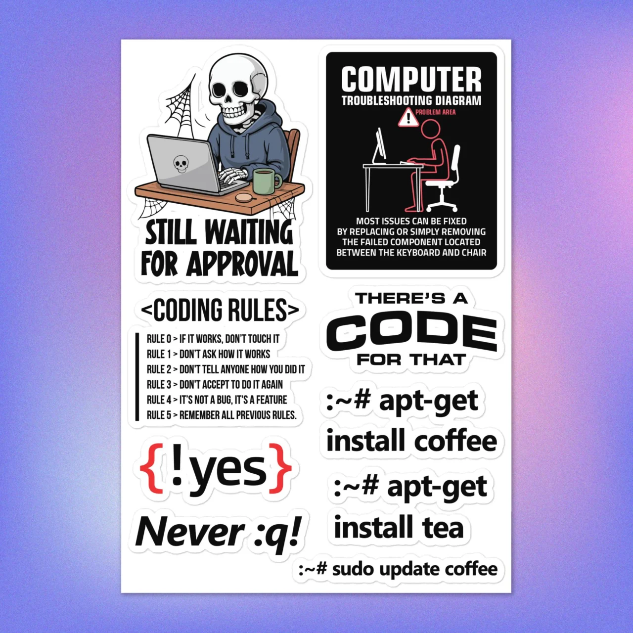 Full sheet of 9 Funny Software Programmer Stickers Pack including the "COMPUTER TROUBLESHOOTING DIAGRAM," the "" list, and the "apt-get install coffee" command.
