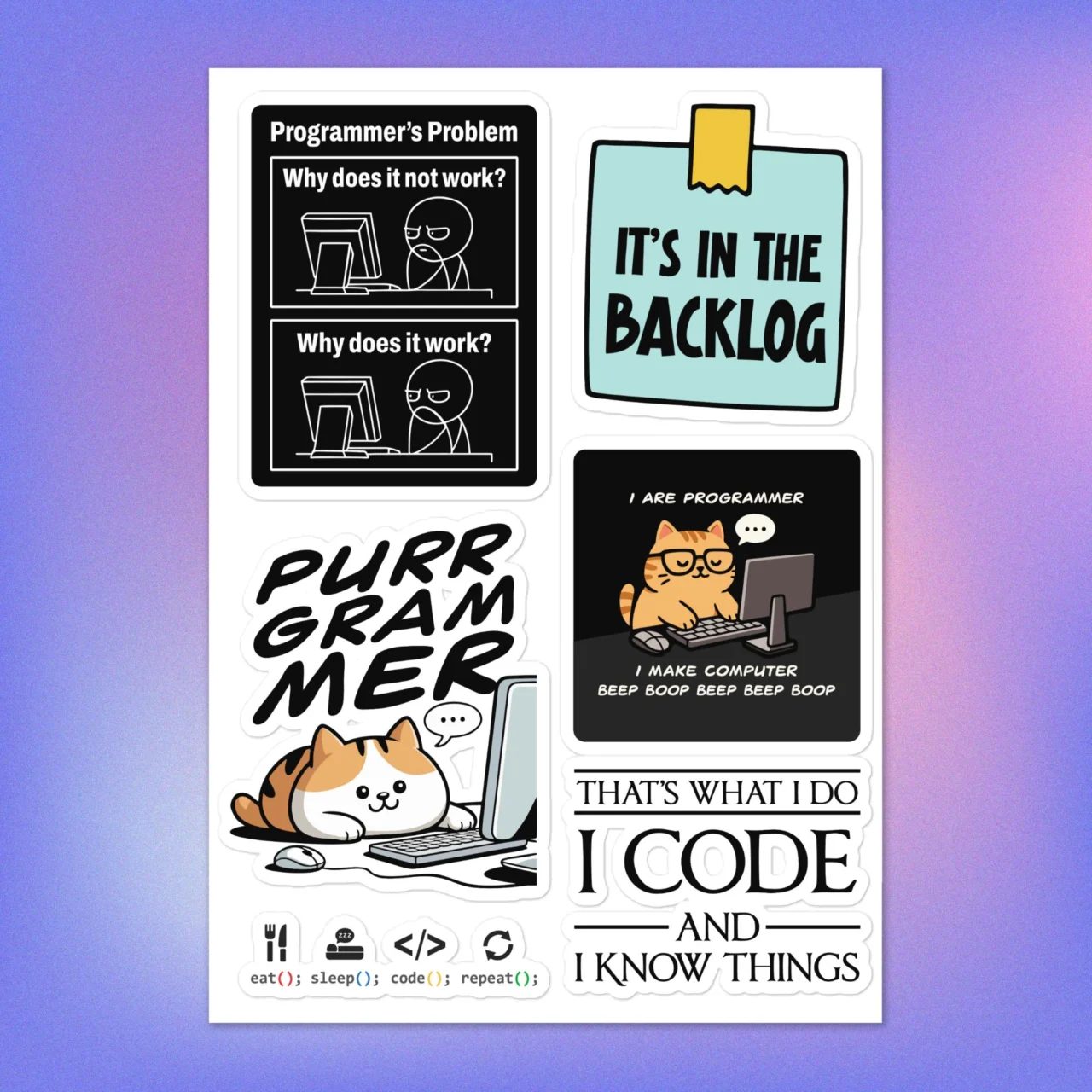 Full sheet of 6 Funny Tech Stickers for Programmers including the "IT'S IN THE BACKLOG" note, the "PURRGRAMMER" cat, and the "I CODE AND I KNOW THINGS" graphic.