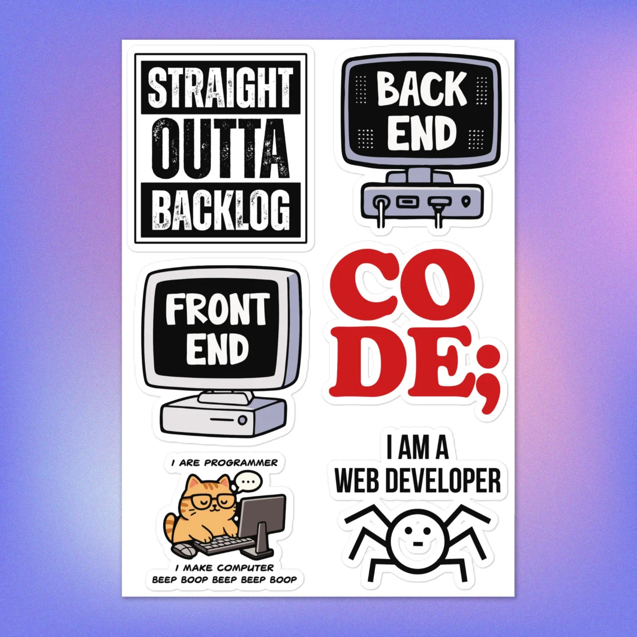 Full sheet of 6 WFunny Web Developer Stickers Pack and Front End, Back End Stickers including "STRAIGHT OUTTA BACKLOG," "FRONT END," and the "I AM A WEB DEVELOPER" spider graphic.