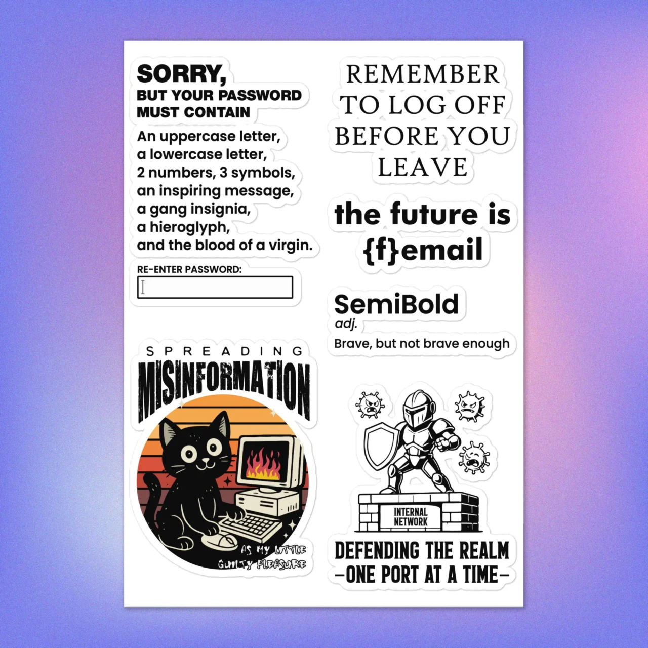 Funny Women in tech sticker pack sheet with Future Is Femail, SemiBold definition, Spreading Misinformation cat and Defending the Realm cybersecurity laptop decals