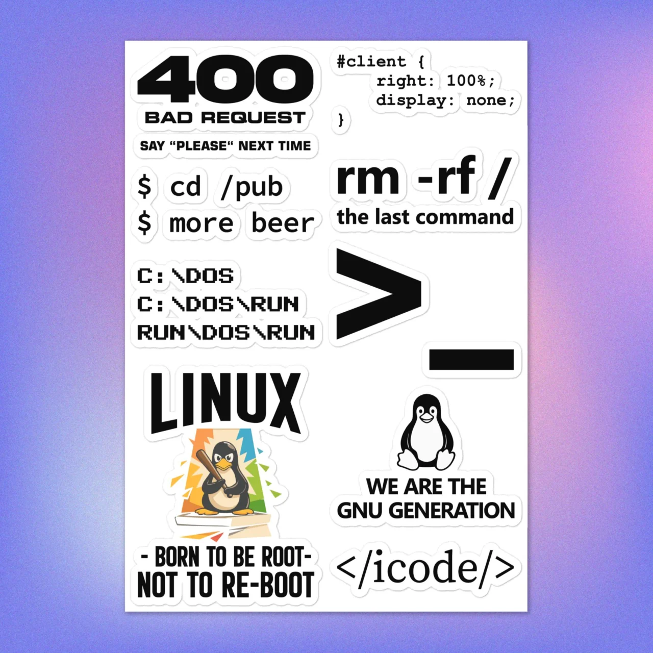 Full sheet of 9 Linux Command Line Sticker pack including "rm -rf / the last command," "400 BAD REQUEST," and Tux the Penguin with "BORN TO BE ROOT."