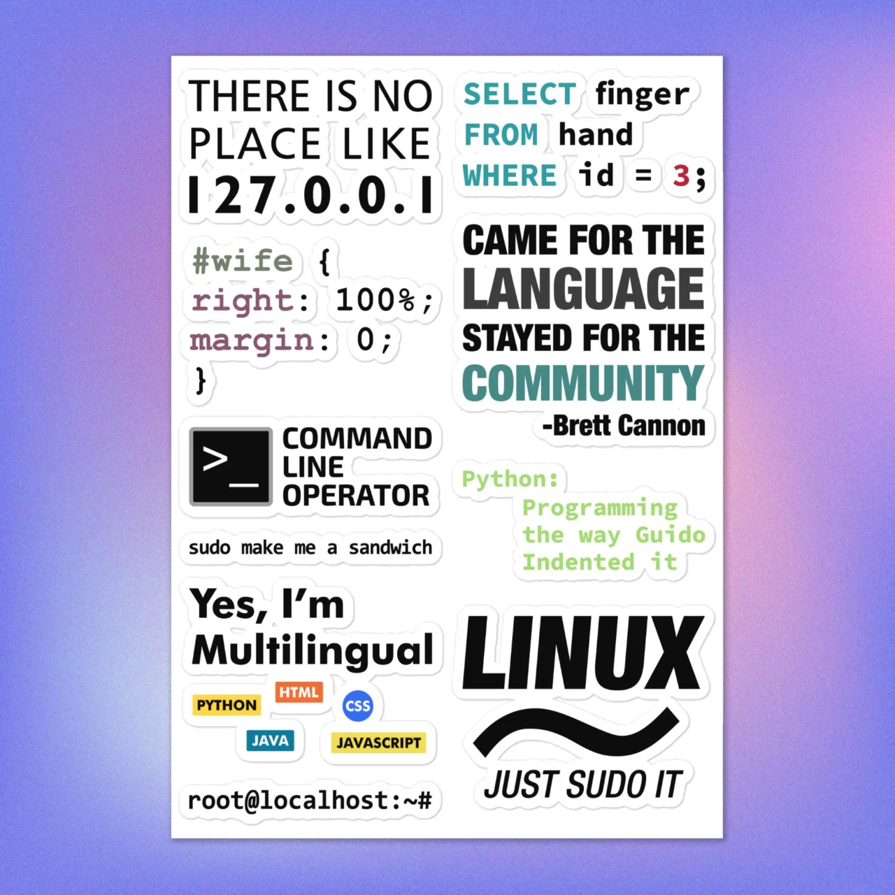 Full sheet of 10 Linux programmer sticker pack and Command Line Stickers including "sudo make me a sandwich," "THERE IS NO PLACE LIKE 127.0.0.1," and the "Multilingual" language tags.