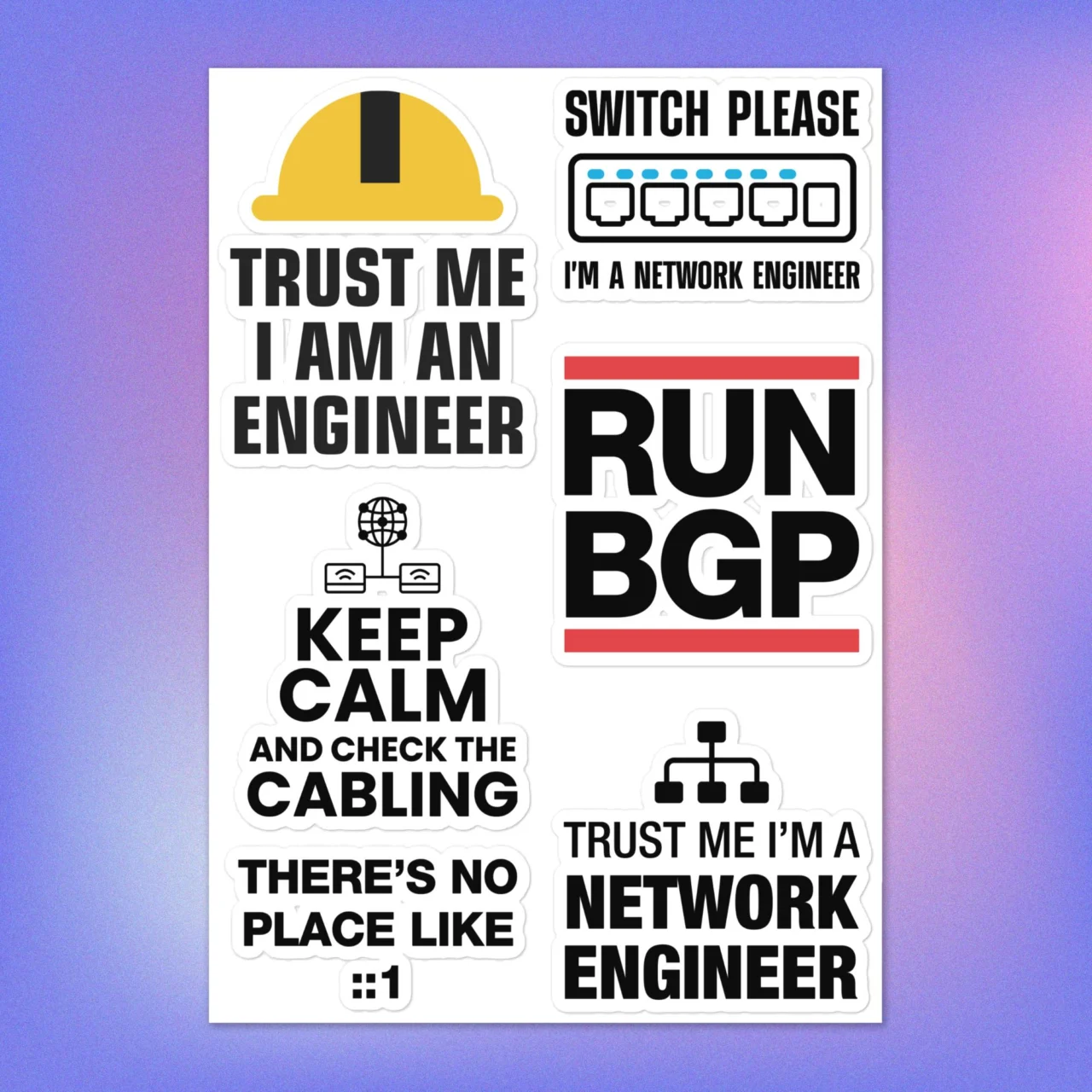 A Network Engineer Stickers Pack of white stickers for IT professionals featuring a network switch graphic, a "RUN BGP" logo, and the phrase "Keep Calm and Check the Cabling".