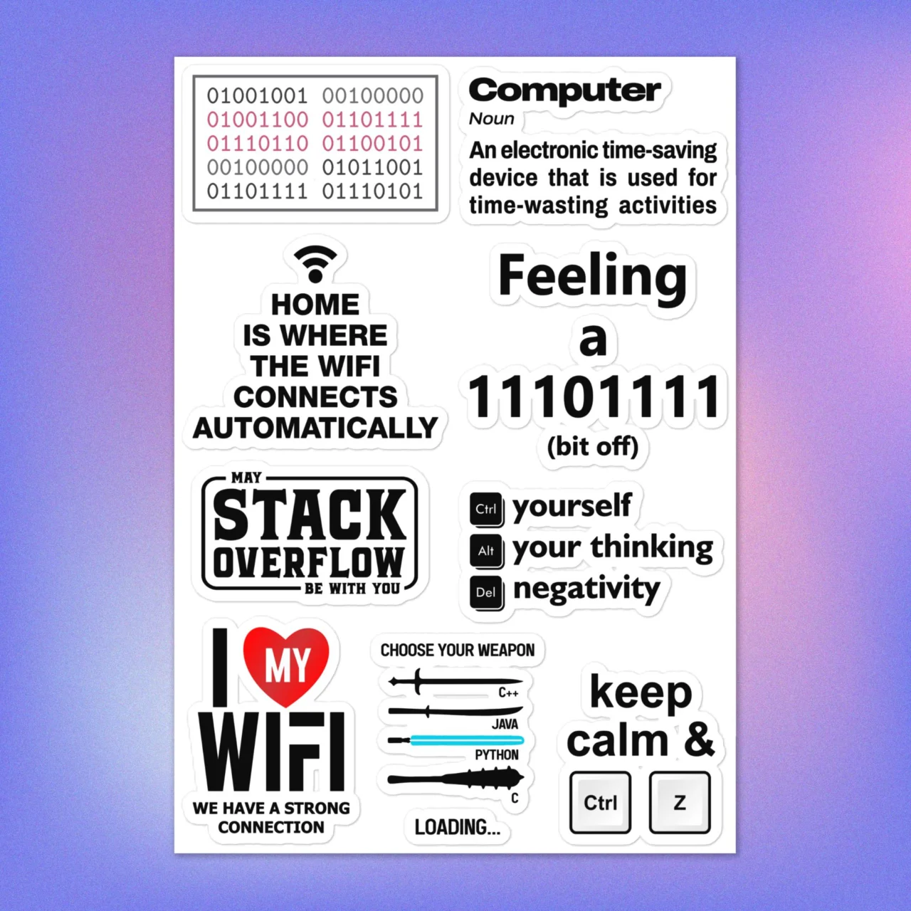 9-stack overflow and wifi stickers pack & Binary Humor Stickers. Features "Stack Overflow," "I Love My WiFi," and the "Ctrl + Z" Decal. Geek Gift.