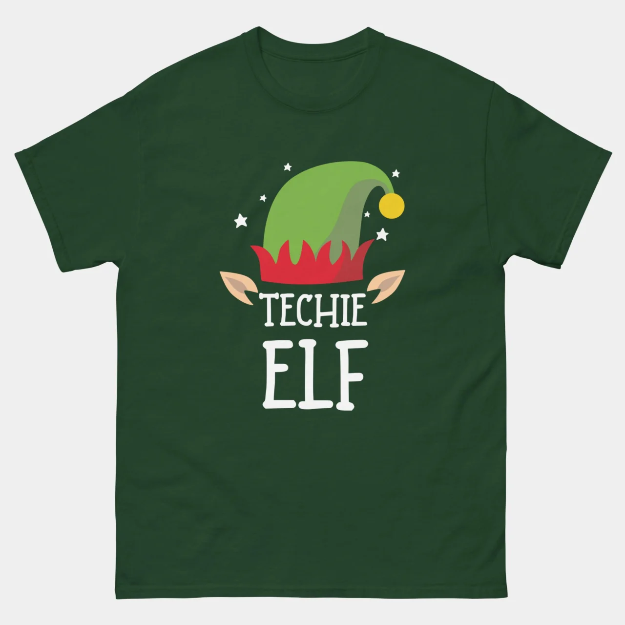 Dark green Techie Elf T-Shirt featuring a green and red elf hat graphic with stars and the text "TECHIE ELF". This is a Funny Tech Support Christmas Shirt.