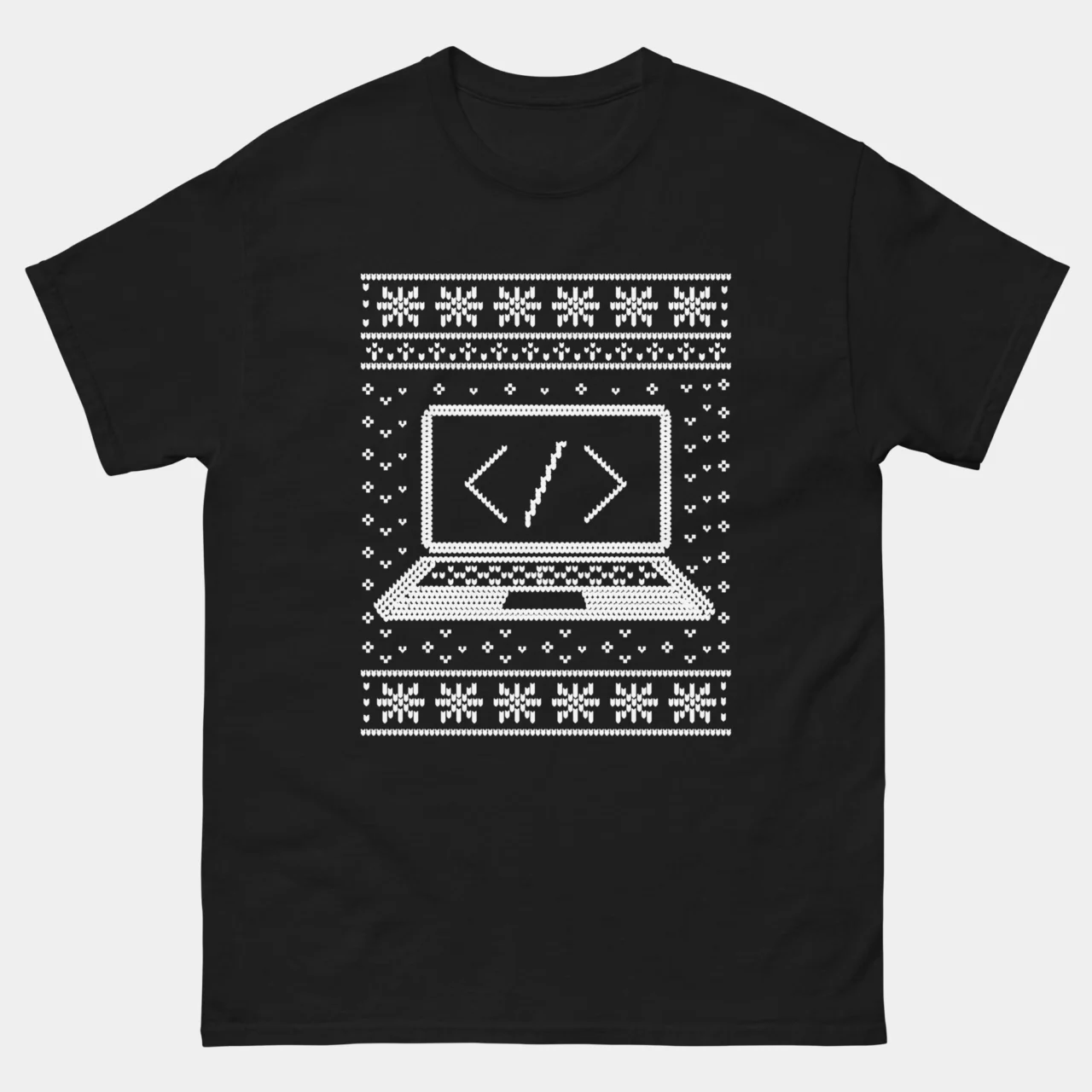 Black Ugly Christmas Sweater Code T-Shirt featuring a white, pixelated Ugly Christmas Sweater border and a laptop screen displaying the code tags . This is a minimalist Web Developer Christmas T-Shirt.