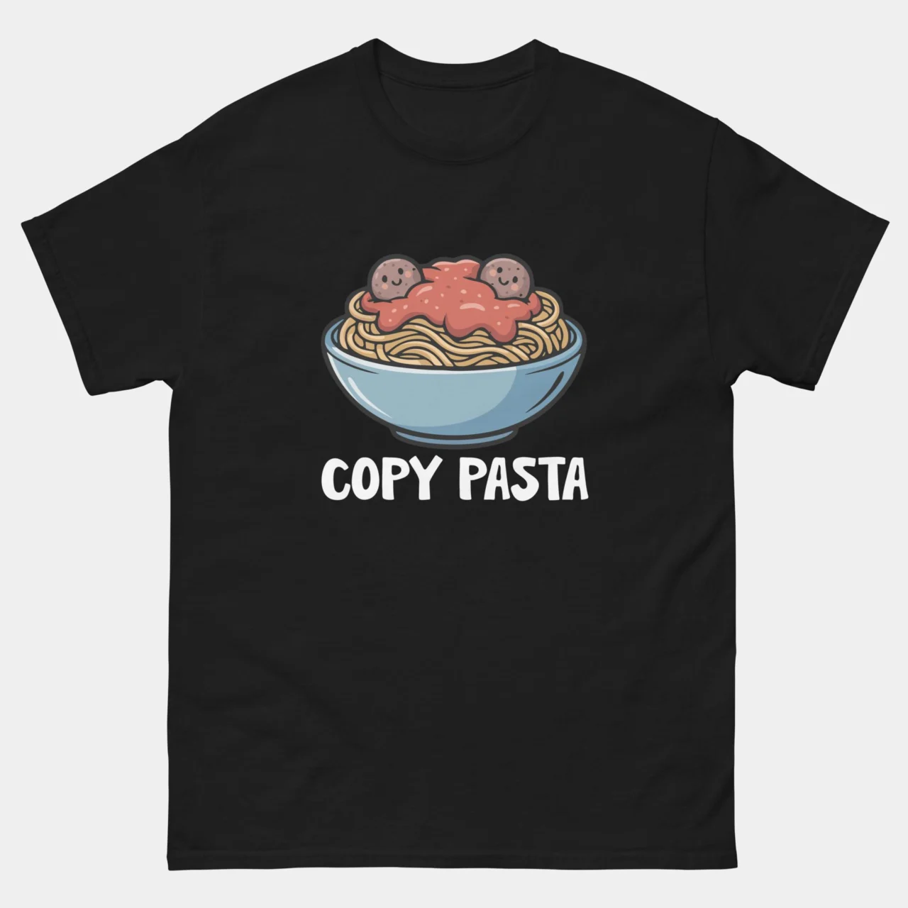 A black Spaghetti & Meatballs Coding Tee with a cute illustration of a bowl of spaghetti and two smiling meatballs above the text "COPY PASTA" in bold white. This is a Funny Copy Pasta Funny Developer T-Shirt