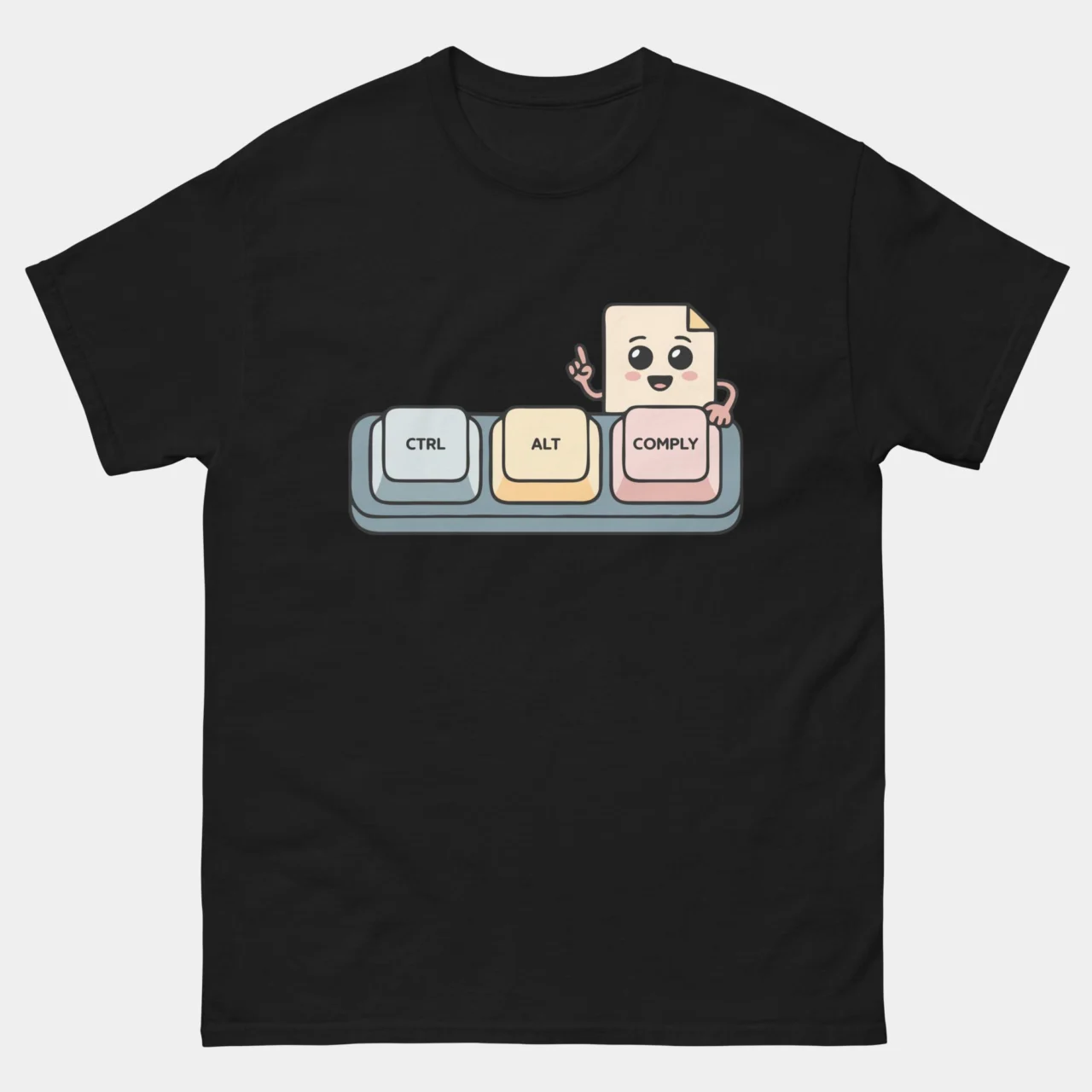 A black Keyboard Shortcut Tee featuring three mechanical keyboard keys labeled "CTRL", "ALT", and "COMPLY" in pastel colors with a smiling cartoon document character. This is a Ctrl Alt Comply Funny Tech T-Shirt