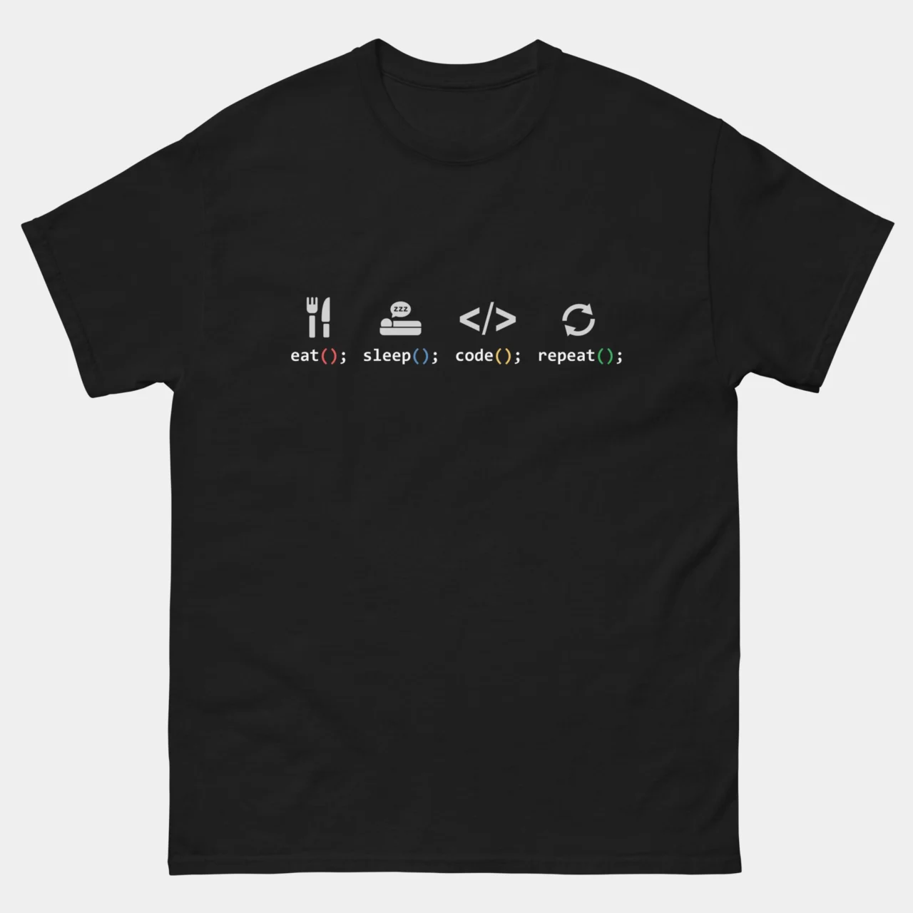A black T-shirt featuring icons for eating, sleeping, coding, and repeating above the functions eat();, sleep();, code();, and repeat(); with colored syntax highlighting. This is a Eat Sleep Code Repeat Funny Programmer T-Shirt Black