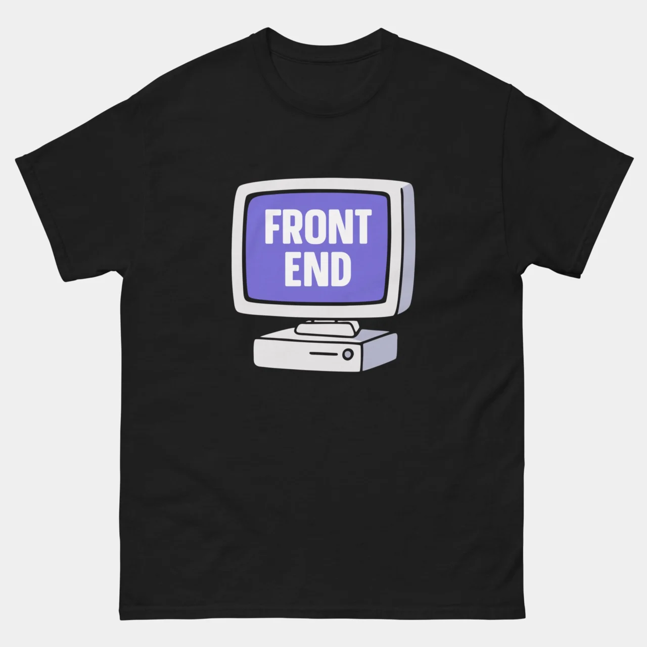 A black Web Developer Graphic Tee featuring a cartoon illustration of a retro computer monitor with a purple screen and the text "FRONT END" inside the display. This is a FRONT END Retro Computer T-Shirt