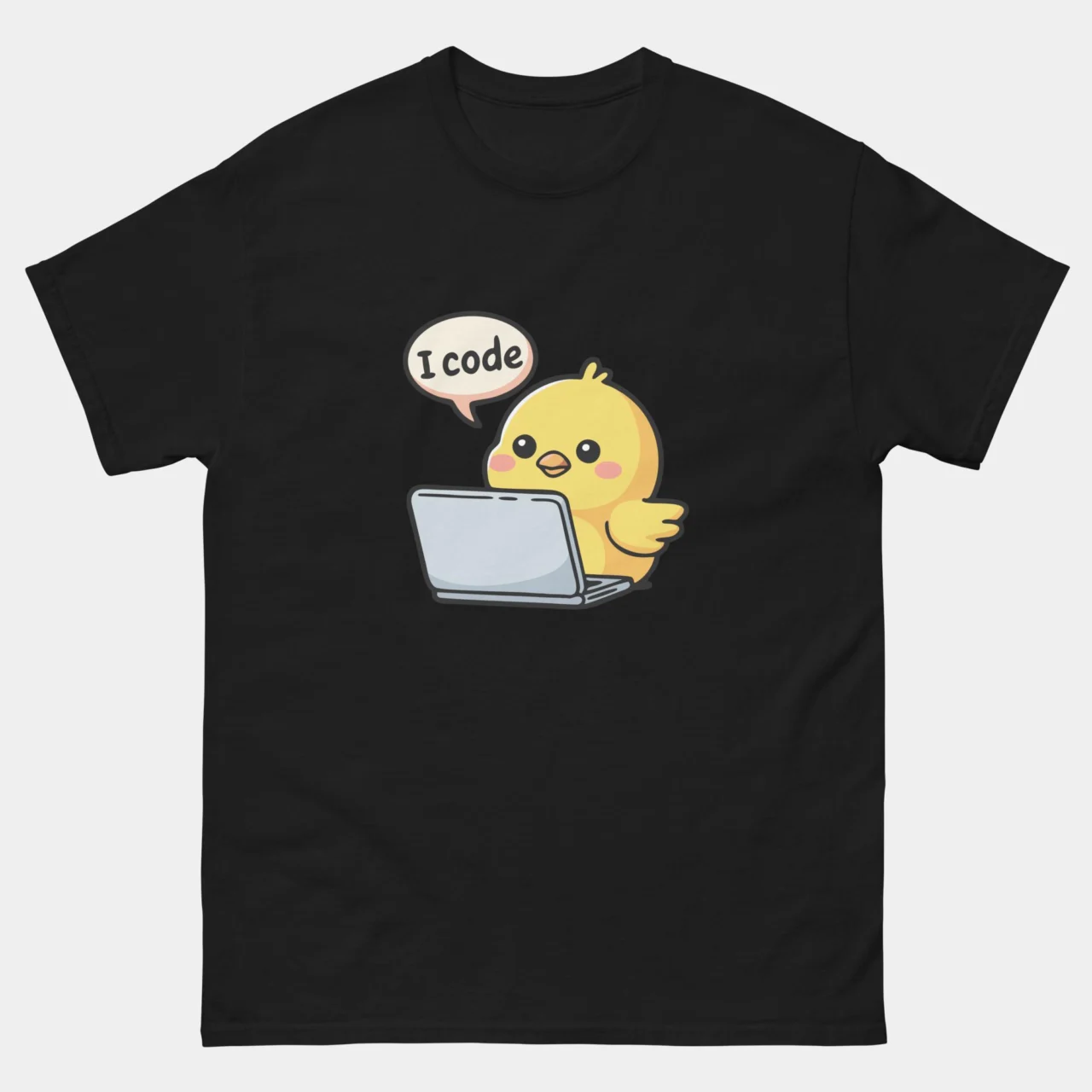 A black Kawaii Chick Coder Tee featuring a cute yellow cartoon chick sitting at a laptop with a speech bubble that says "I code". This is a Kawaii I Code Funny Programmer T-Shirt