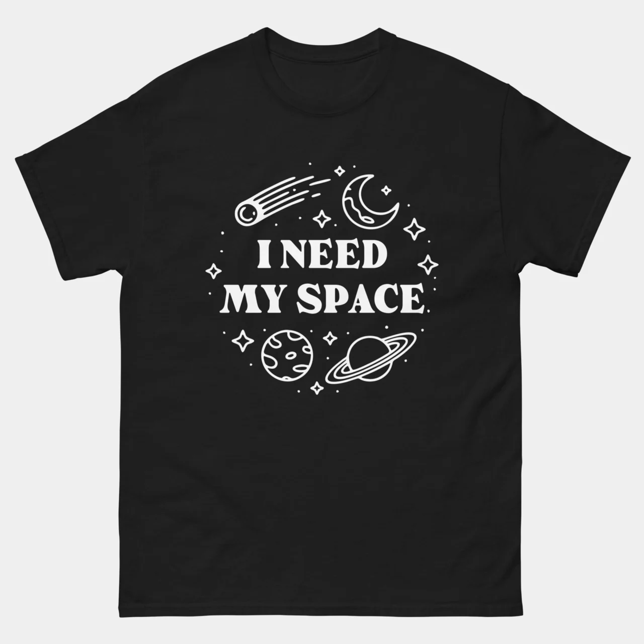 A black Minimalist Celestial Astronomy Tee with white line art of a moon, planets, and stars surrounding the text "I NEED MY SPACE" in a bold font. This is a Funny I Need My Space Funny Introvert T-Shirt