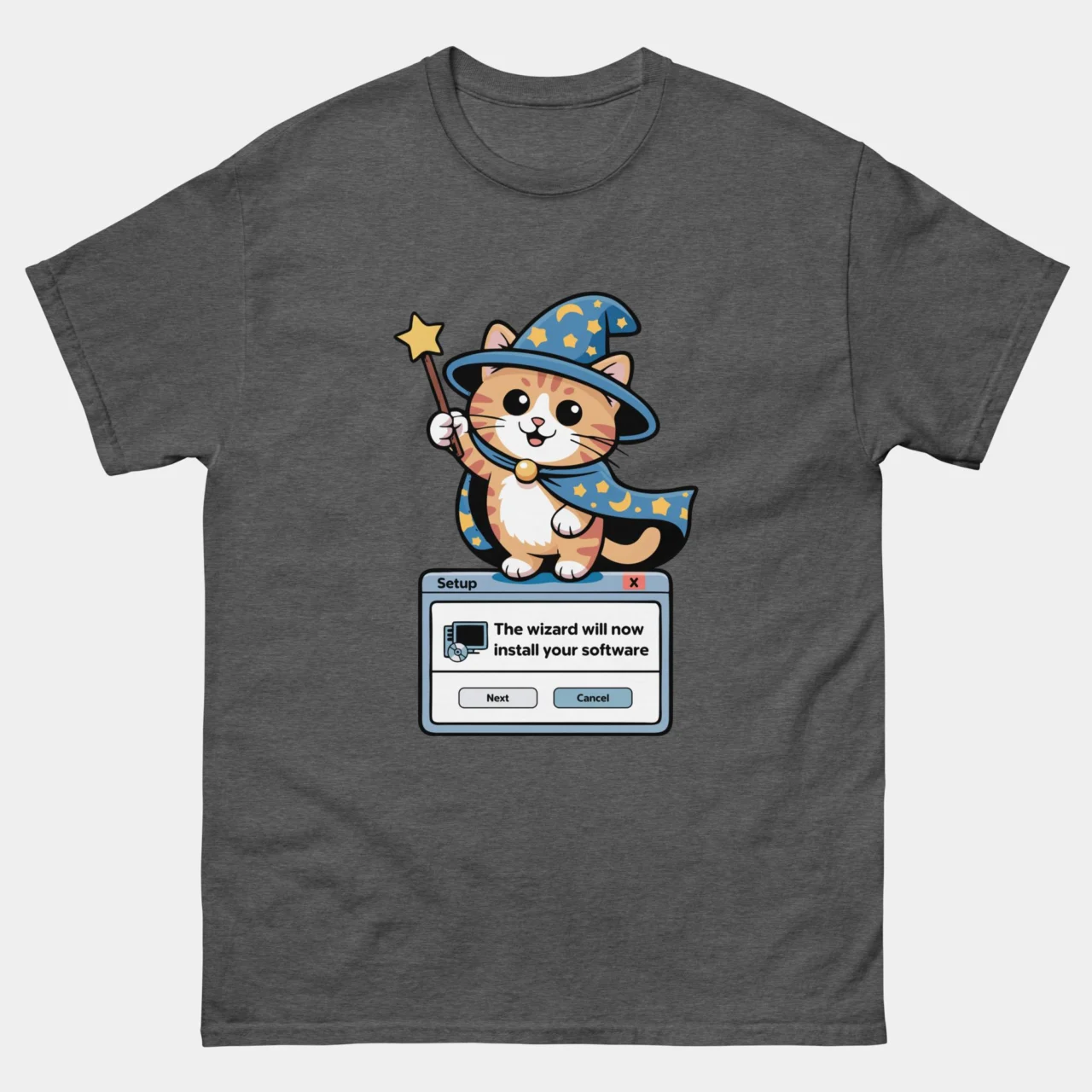 A dark heather Retro Software Setup Tee featuring a cartoon orange cat in a wizard hat standing on a retro software installation window that says "The wizard will now install your software". This is a Installation Wizard Funny Cat T-Shirt