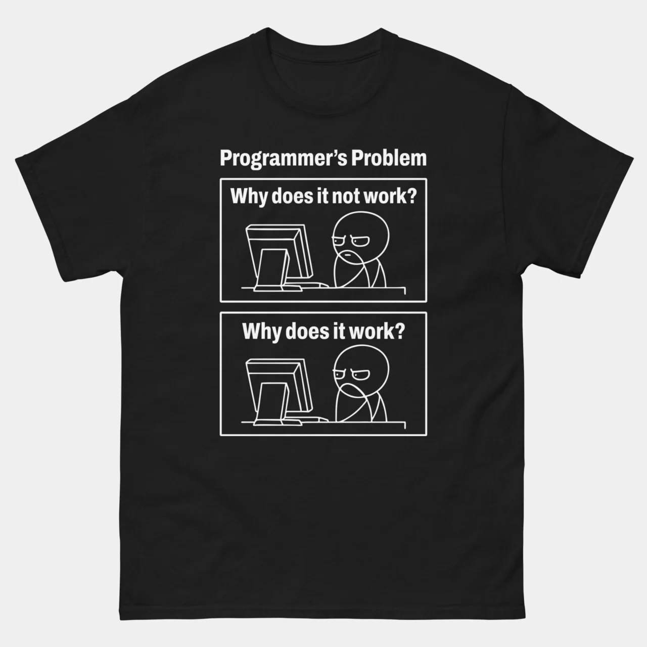 A black T-shirt with two white-line comic panels titled "Programmer's Problem" showing a character at a computer asking "Why does it not work?" and "Why does it work?". This is a Programmer's Problem Funny Debugging T-Shirt