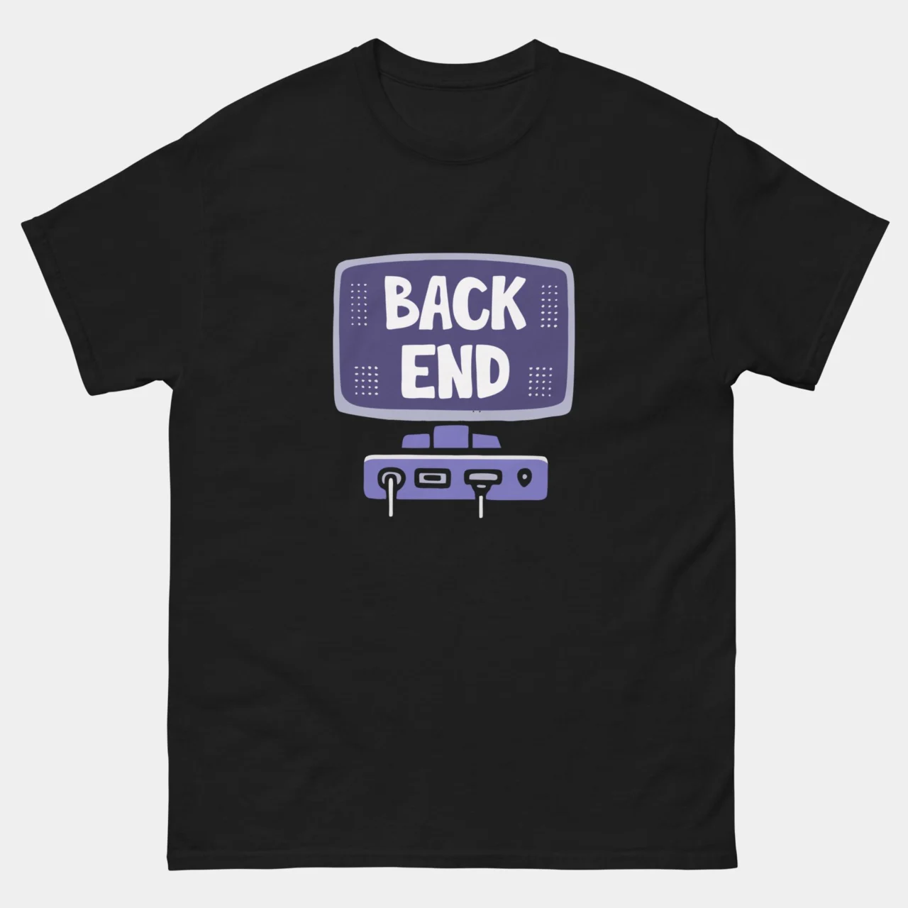 A black Software Engineer Graphic Tee featuring a cartoon illustration of the back of a retro computer monitor with cables plugged in and the text "BACK END" on the housing. This is a Retro Back End Developer T-Shirt.