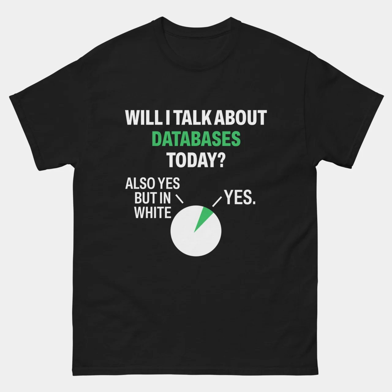 A black Funny DBA T-Shirt with the text "WILL I TALK ABOUT DATABASES TODAY?" above a pie chart with a small green slice labeled "YES." and a large white slice labeled "ALSO YES BUT IN WHITE". This is a Funny Will I Talk About Databases Today T-Shirt