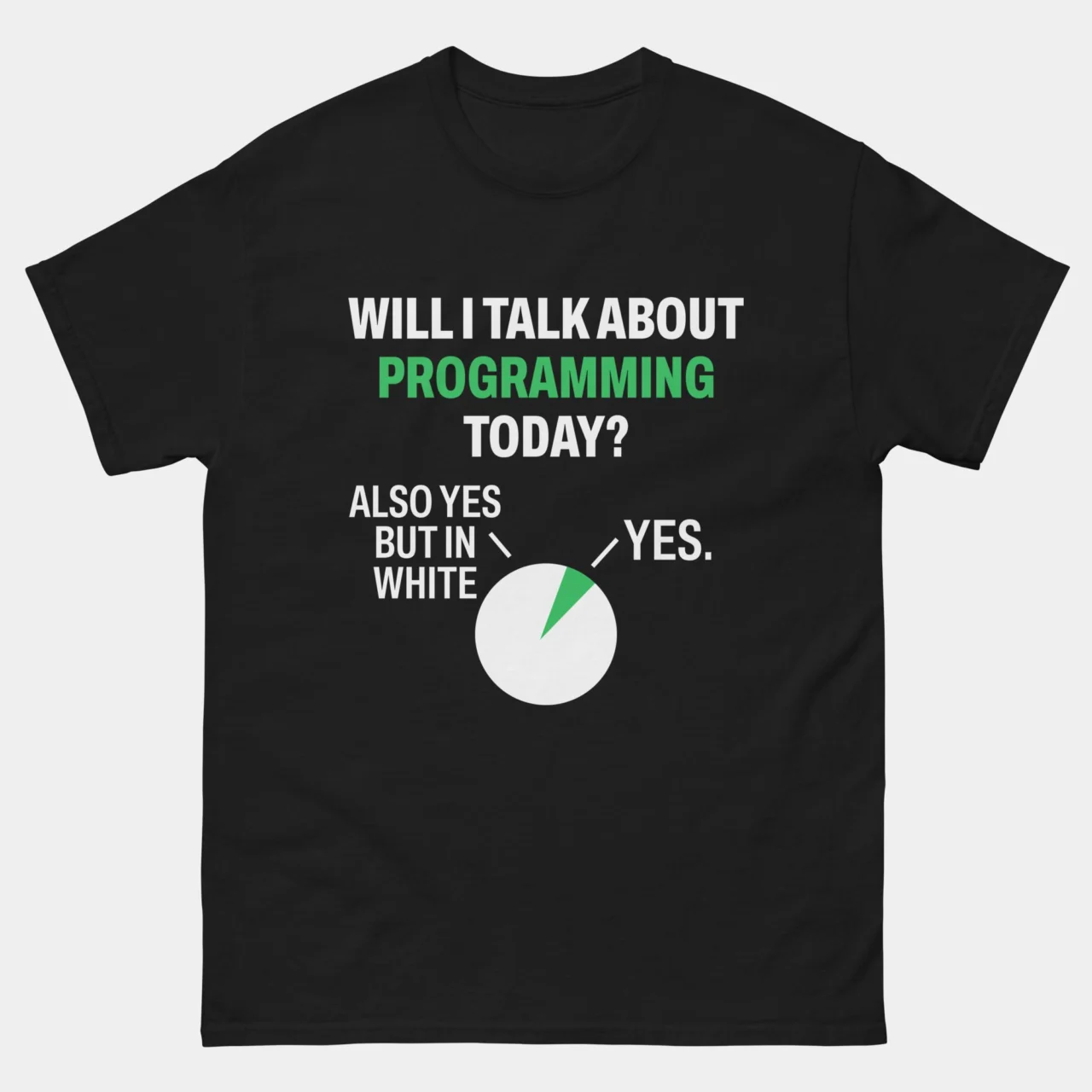 A black Sarcastic Pie Chart Programmer Tee featuring a green and white pie chart with the text "WILL I TALK ABOUT PROGRAMMING TODAY?" and the answers "YES" and "ALSO YES BUT IN WHITE". This is a Funny Will I Talk About Programming Today T-Shirt
