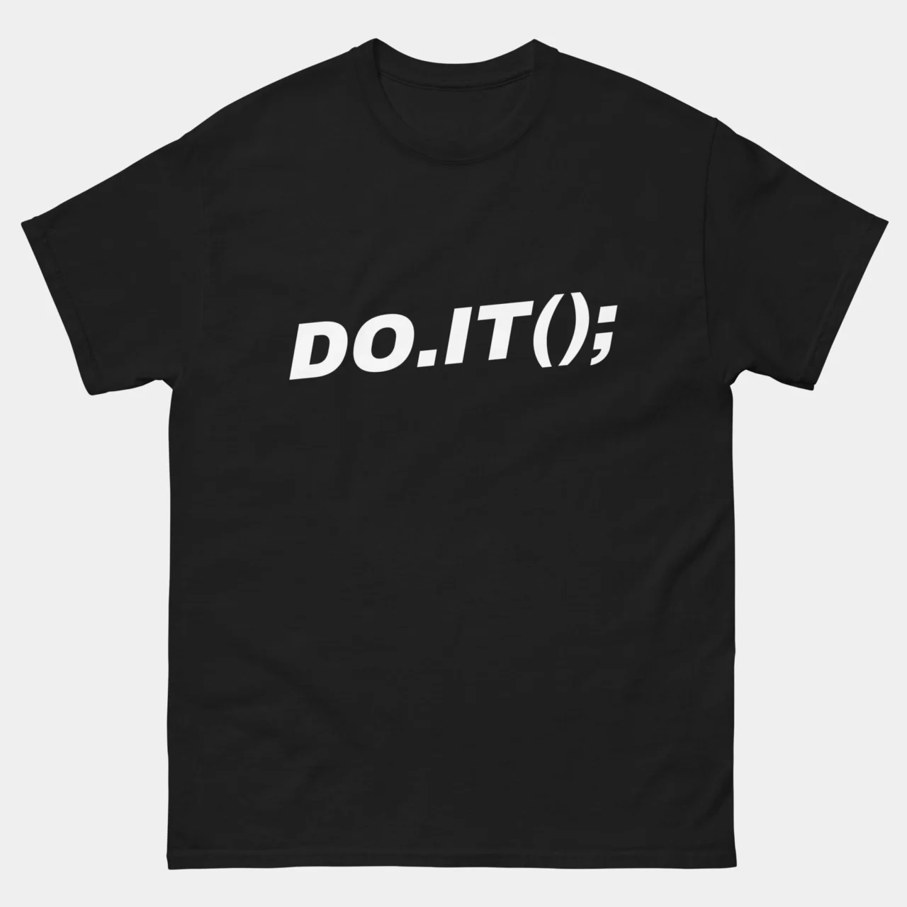 A black Funny Software Engineer Function Tee with white italicized text stating "DO.IT();" in programming function syntax. This is a Funny Minimalist Programming DO.IT(); Coding T-Shirt