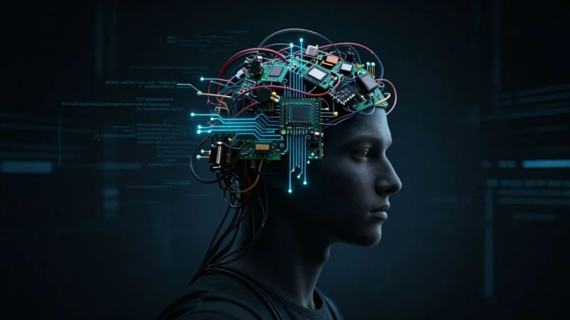 Problem-Solving Approaches In Programming - Programmer's head with tangled wires and code.