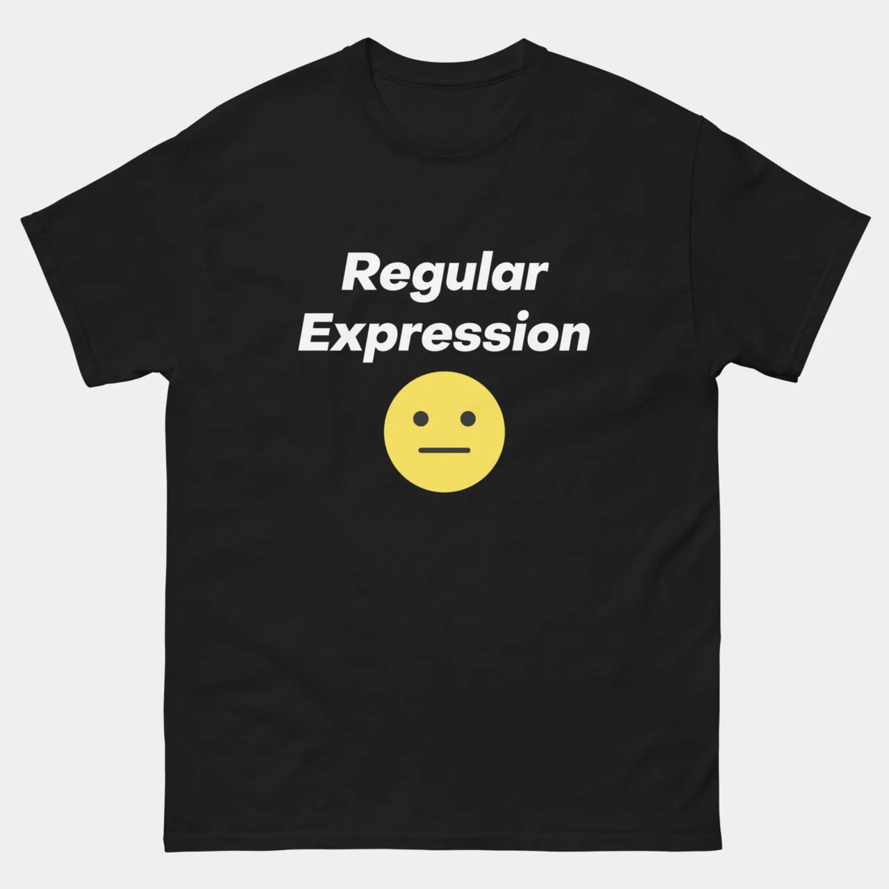 A black Funny Regex Programmer Tee with the white text "Regular Expression" above a flat, yellow neutral face emoji. This is a Funny Regular Expression T-Shirt