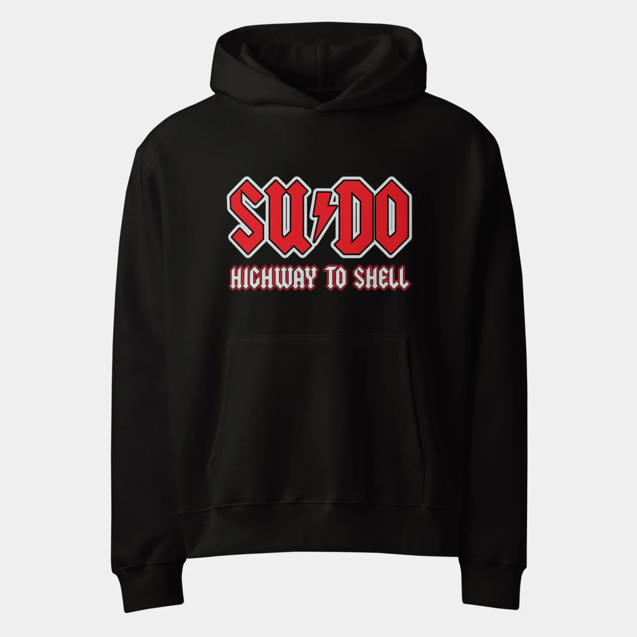 A black pullover Funny Linux Hoodie featuring a red-and-white graphic that says "SUDO" with a lightning bolt and "HIGHWAY TO SHELL" in an AC/DC rock band font. This is a Funny Linux Rock Band Parody SUDO Highway to Shell Hoodie