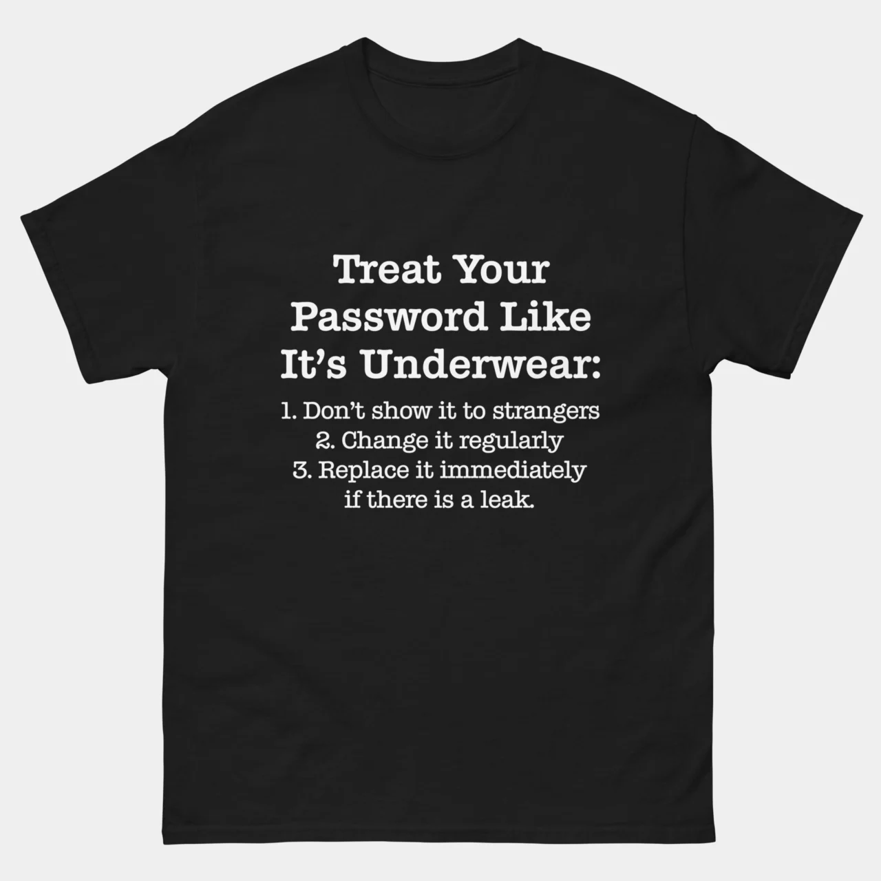 A black Funny Cybersecurity Rule Graphic Tee with white text listing three rules on why you should treat your password like underwear. This is a Funny Cybersecurity Privacy Awareness Treat Your Password Like It's Underwear T-shirt
