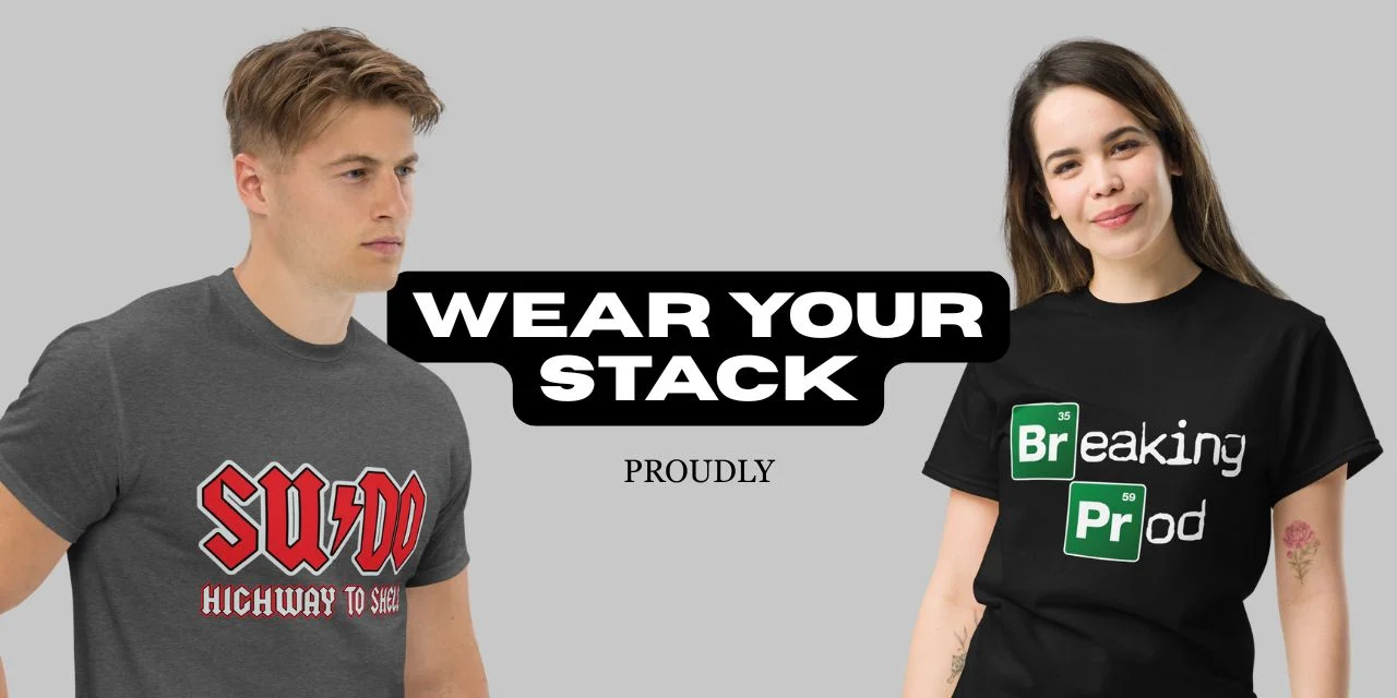 Two models wearing funny programmer t-shirts — man in grey SUDO Highway to Shell AC/DC parody Linux tee and woman in black Breaking Prod Breaking Bad periodic table coding humour shirt