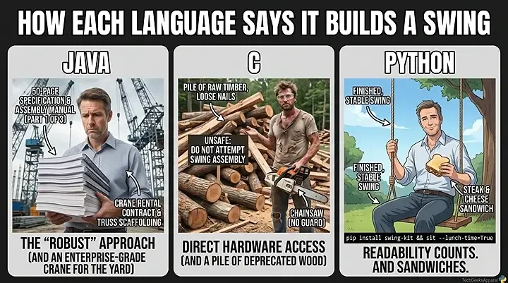 how each language says it builds a swing java c python meme