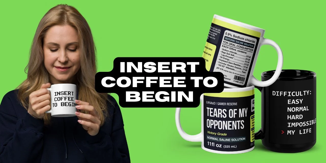Woman holding a white 'Insert Coffee to Begin' programmer mug alongside three mugs showing gamer-themed designs: Tears of My Opponents saline solution label, difficulty levels, and gaming stats, on a bright green background - TechGeeksApparel Funny Programmer Coffee Mugs Banner