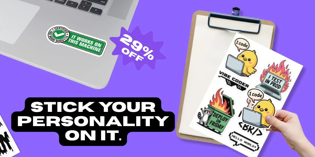 Laptop lid with 'It Works on This Machine' certified vinyl sticker alongside a clipboard holding a programmer sticker sheet featuring Vibe Coder duck, I Test in Prod burning laptop, Deploy on Friday dumpster fire, and Hello World designs, on a purple background - TechGeeksApparel Programmer Laptop Stickers