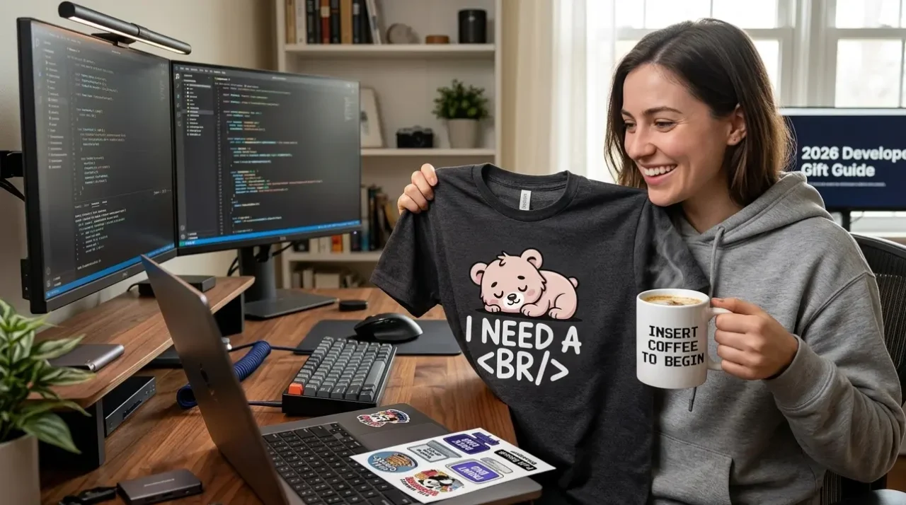Developer unwrapping the best gifts for developers 2026 including funny programmer apparel and desk accessories from TechGeeksApparel - best developer gifts 2026