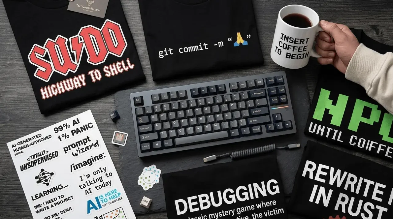 Flat-lay of the best geeky t-shirts for developers including funny coding tees from TechGeeksApparel