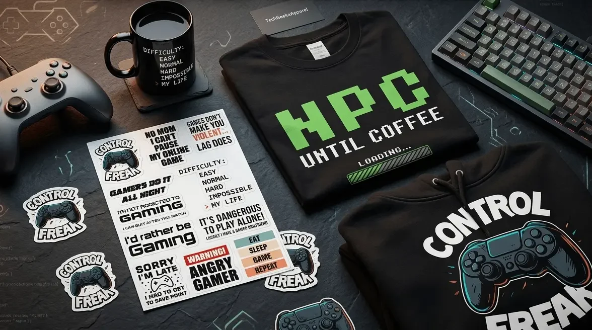 Flat-lay of the best gifts for game developers including funny game dev t-shirts, a geeky hoodie, programmer mug, and laptop sticker pack from TechGeeksApparel
