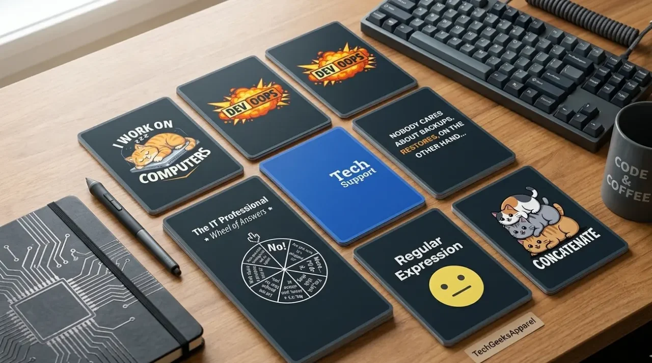 Collection of funny programmer t-shirt design concepts including coding puns, debugging humor, and language-specific jokes from TechGeeksApparel