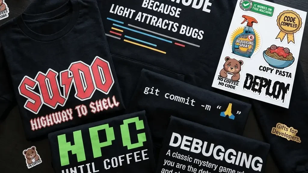 Collection of funny programmer t-shirts, geeky hoodies, and developer gifts from TechGeeksApparel