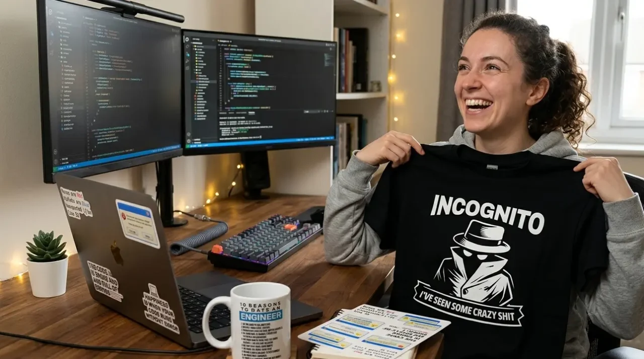 Developer genuinely surprised and delighted by unique programmer gifts including funny apparel and workspace accessories from TechGeeksApparel