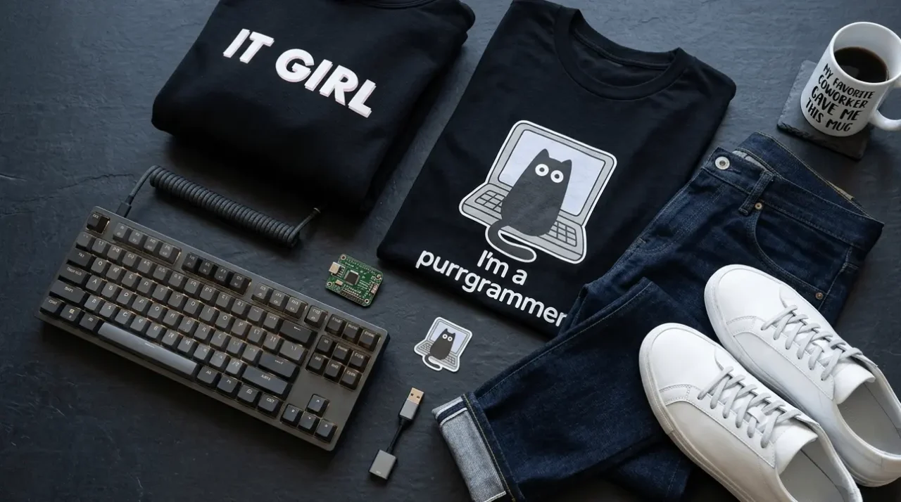 Flat-lay of geeky outfit pieces for developers including a funny coding t-shirt, geeky hoodie, and dark jeans from TechGeeksApparel