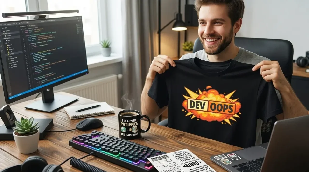 Developer opening software developer gifts including a discipline-specific funny programmer shirt and developer desk accessories from TechGeeksApparel