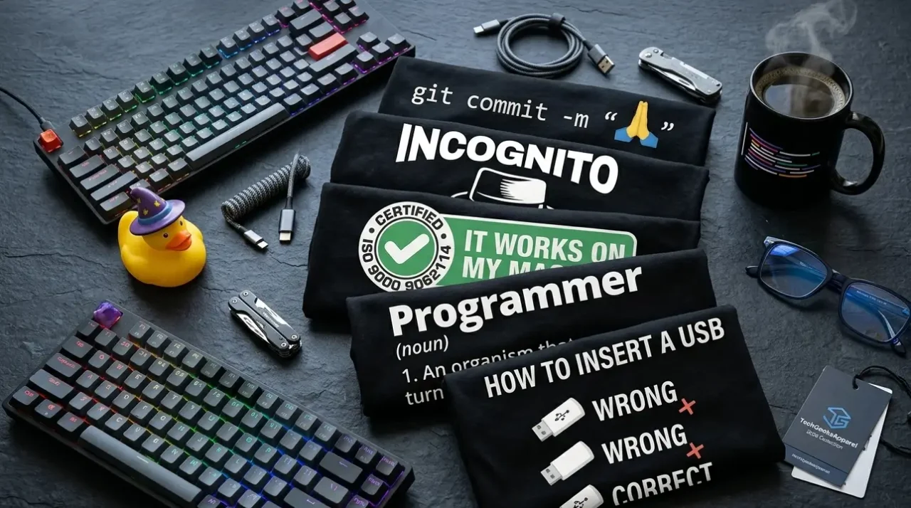 Flat-lay collection of the funniest coding shirts for developers reviewed in 2026 - from TechGeeksApparel's funny programmer t-shirt collection