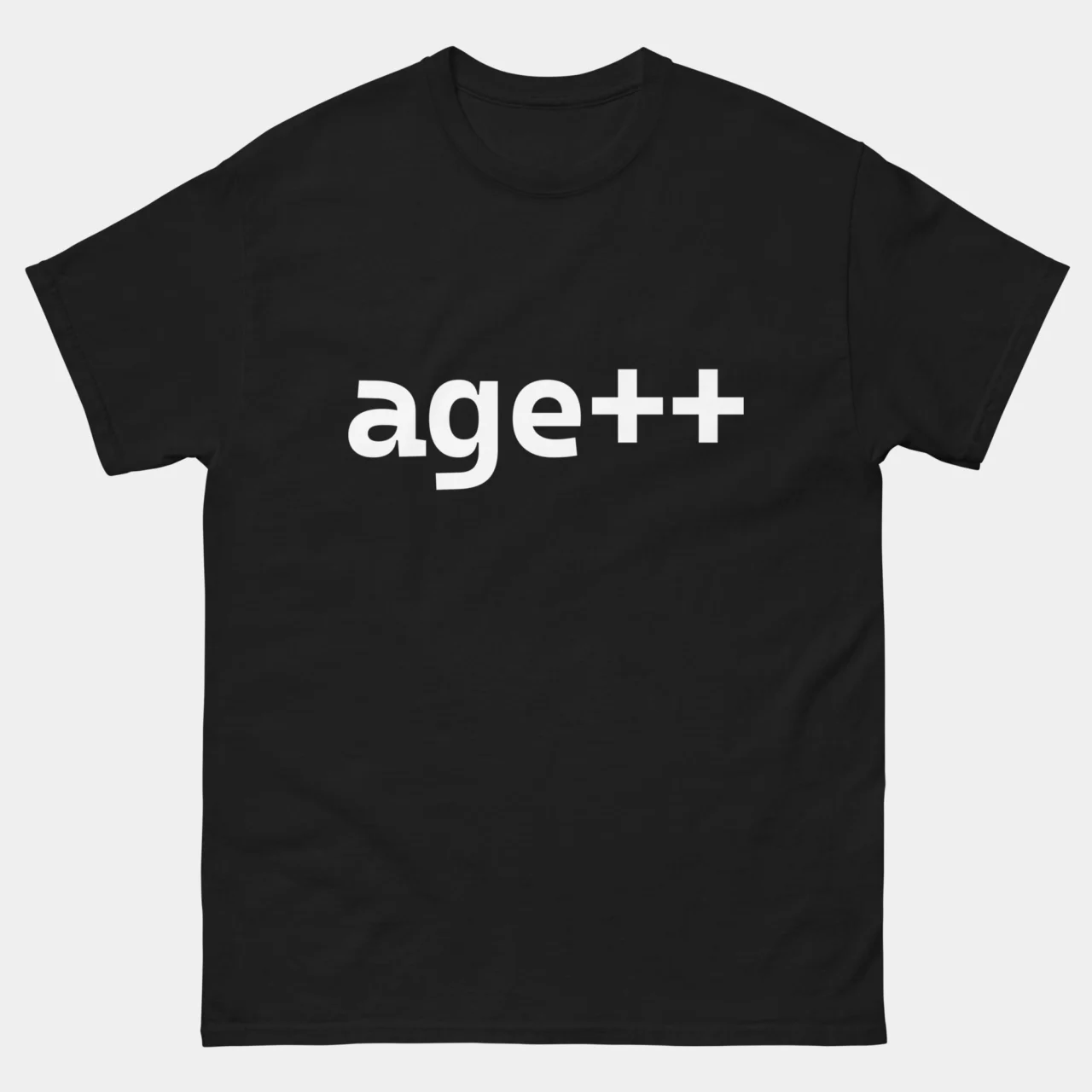 Black minimalist Funny Programmer Birthday Shirt with bold white text reading age plus plus in monospaced font, funny software developer birthday gift tee for coders who celebrate in code
