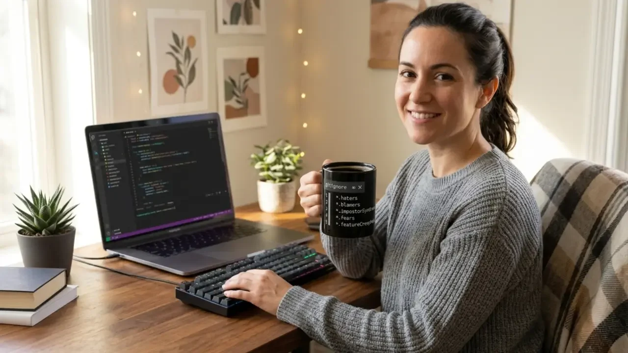 A software engineer holding a funny git ignore haters programmer mug while sitting at their desk coding. Top Picks: Best Programmer Mugs