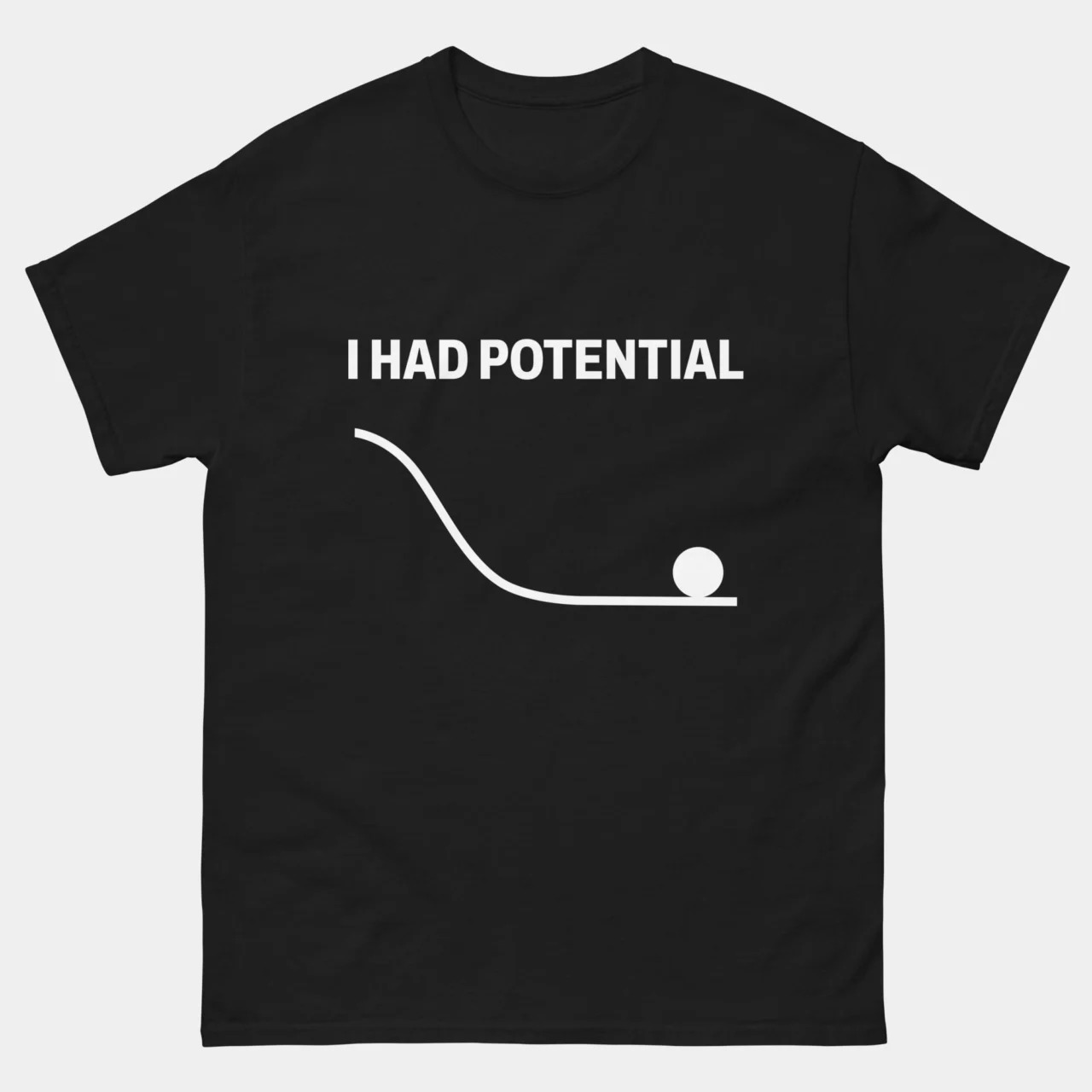 black funny i had potential physics t-shirt with a potential energy curve graph showing a ball at the bottom of a slope above bold text reading I Had Potential, sarcastic science humor graphic tee for physicists and STEM lovers