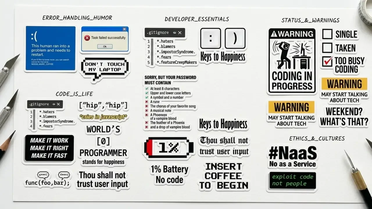 A large sticker sheet collection showing witty laptop sticker ideas for programmers laid out neatly on a white table.