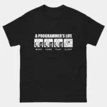 Black Programmer's Life Work Home Play Sleep T-Shirt showing four stick figure panels labeled Work Home Play and Sleep depicting a developer's daily routine, funny software engineer gift tee